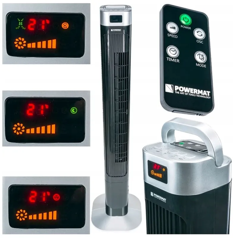 Tornfläkt, pelarfläkt 121 cm, tyst exklusiv stående fläkt, golvfläkt med fjärrkontroll, 90W, svart, Powermat Black Tower Erbjudandepris