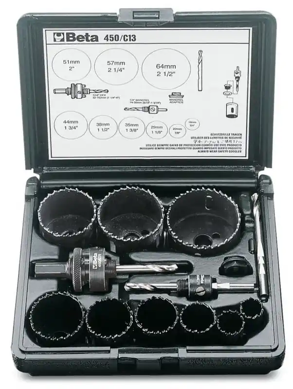 Hålsågsats 13 delar HSS bi-metall, 19-64mm, centrumborr, adapter, plastbox, Beta Tools Premium